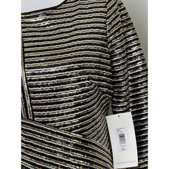 THEIA New Sz 8 Black & Gold Striped Sequin LS Evening Cocktail Dress $495 - Picture 8 of 16